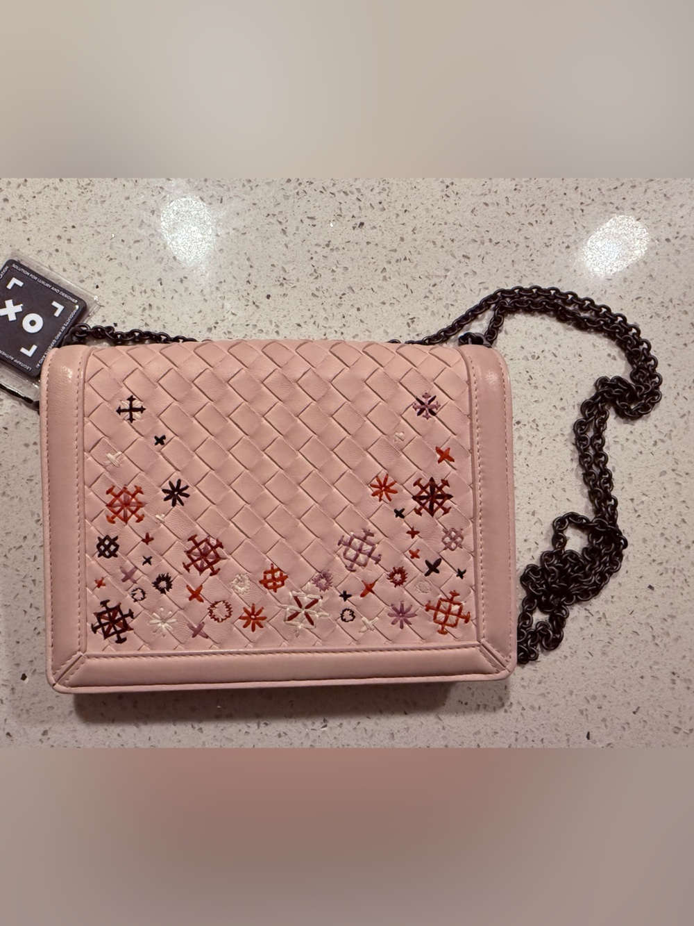 Bottega Veneta Pink Woven Crossbody with Multicolor Embroidered Stars